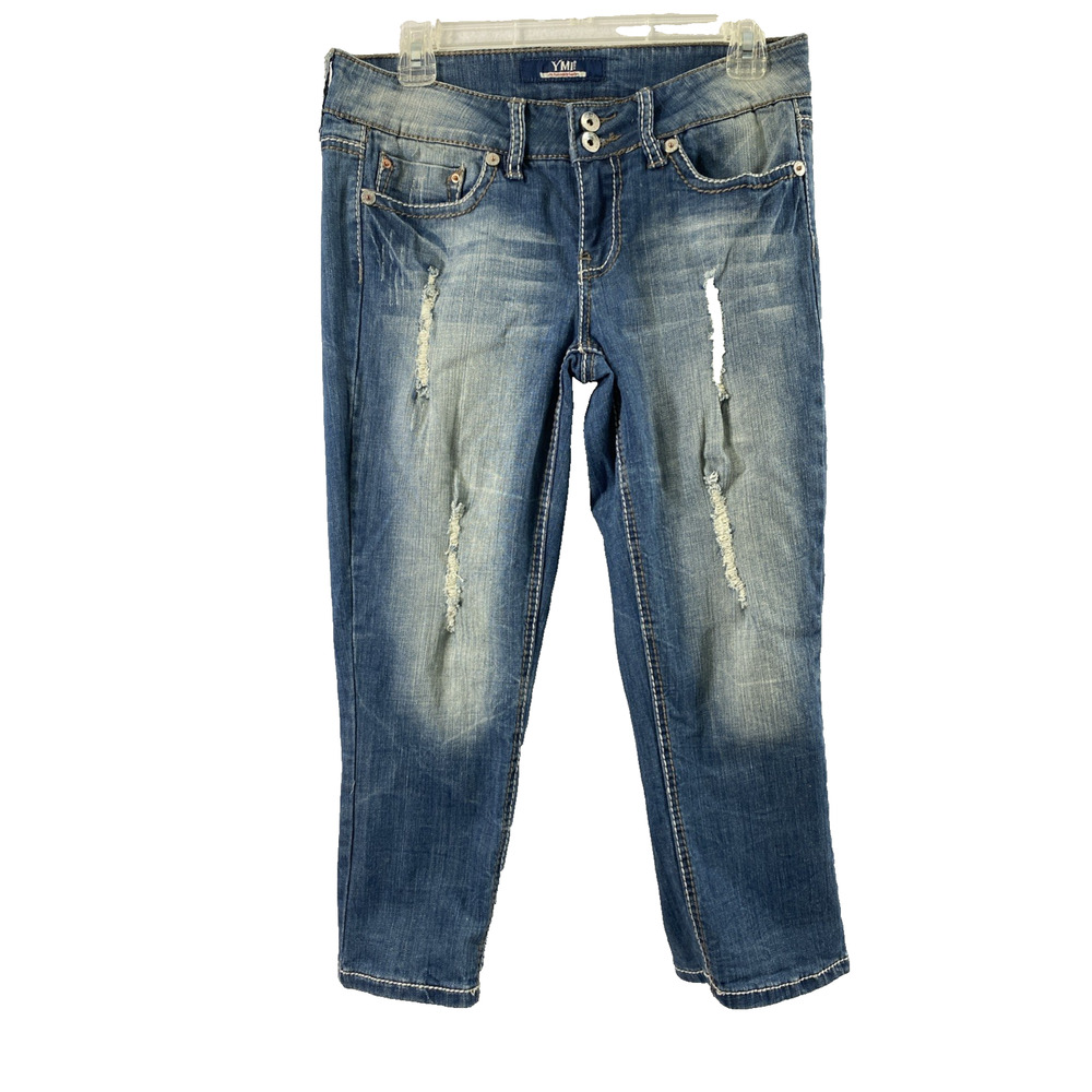 YMI Ankle Jeans Juniors Size 9 Distress Medium Wash Denim Thick Stitch Stretch